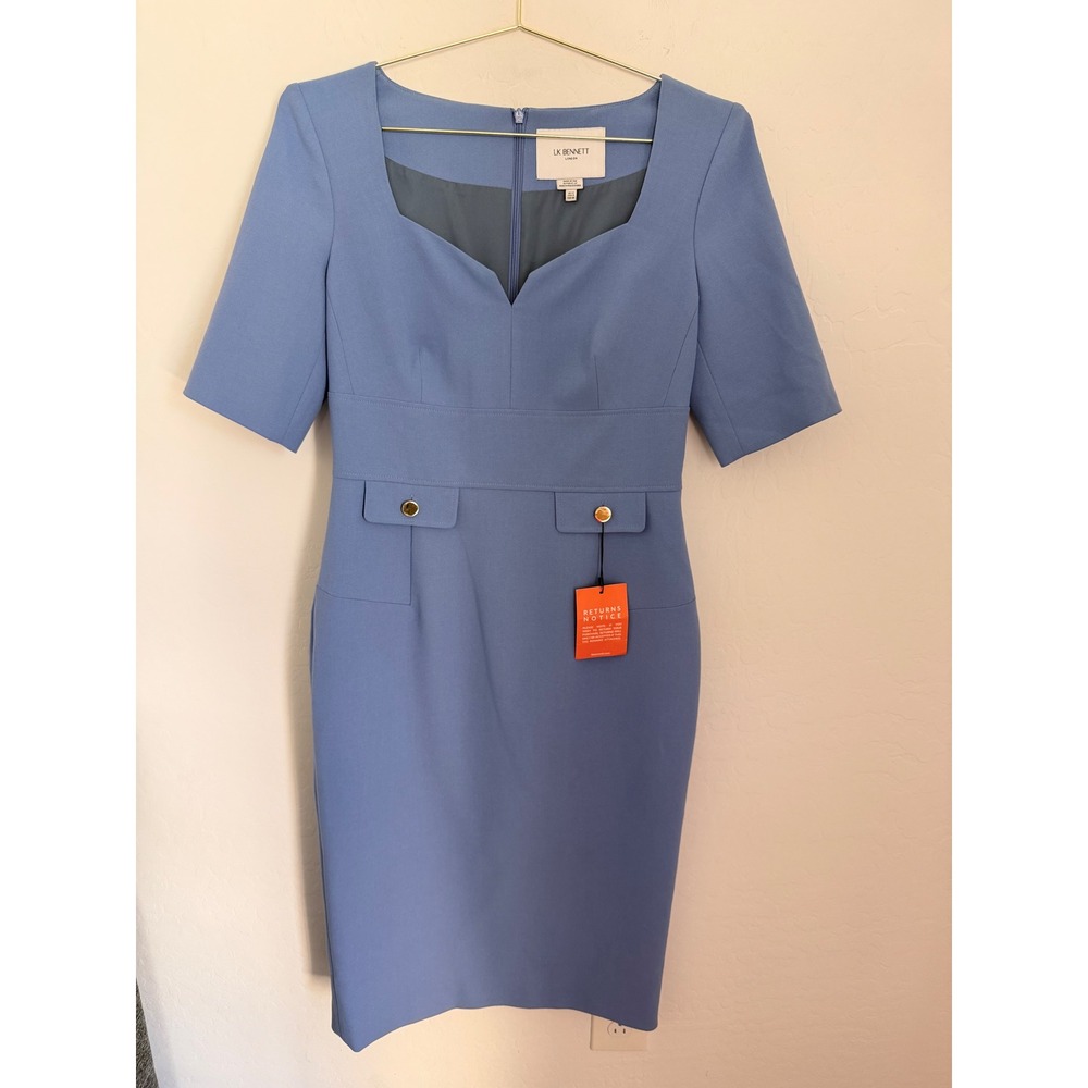 LK Bennett Diana Blue Sheath Work Dress Silver Button Sweetheart Neck US 8 NEW